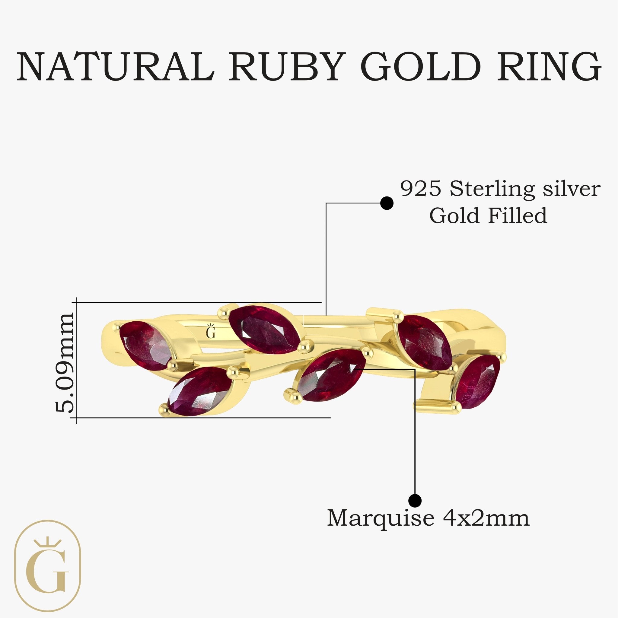 Natural Ruby Leaf Style Six Stone Gold Filled & 925 Silver Ring - Goodstone Jewels