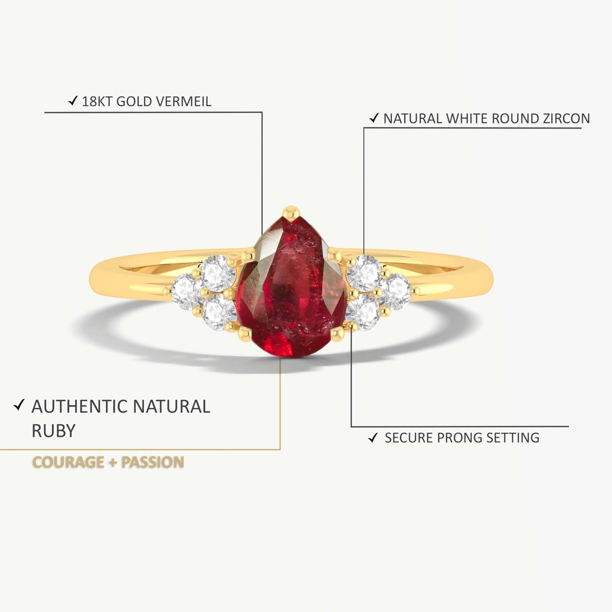 Natural Ruby Pear Shape & White Zircon Solitaire with Accents Ring - Goodstone Jewels