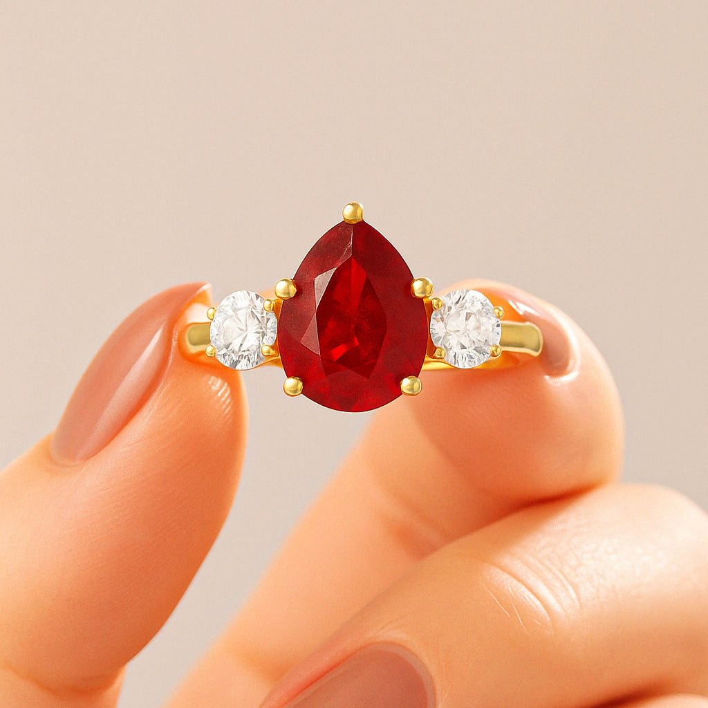 Natural Ruby Pear Shape with Zircon Three Stone Statement Ring - Goodstone Jewels