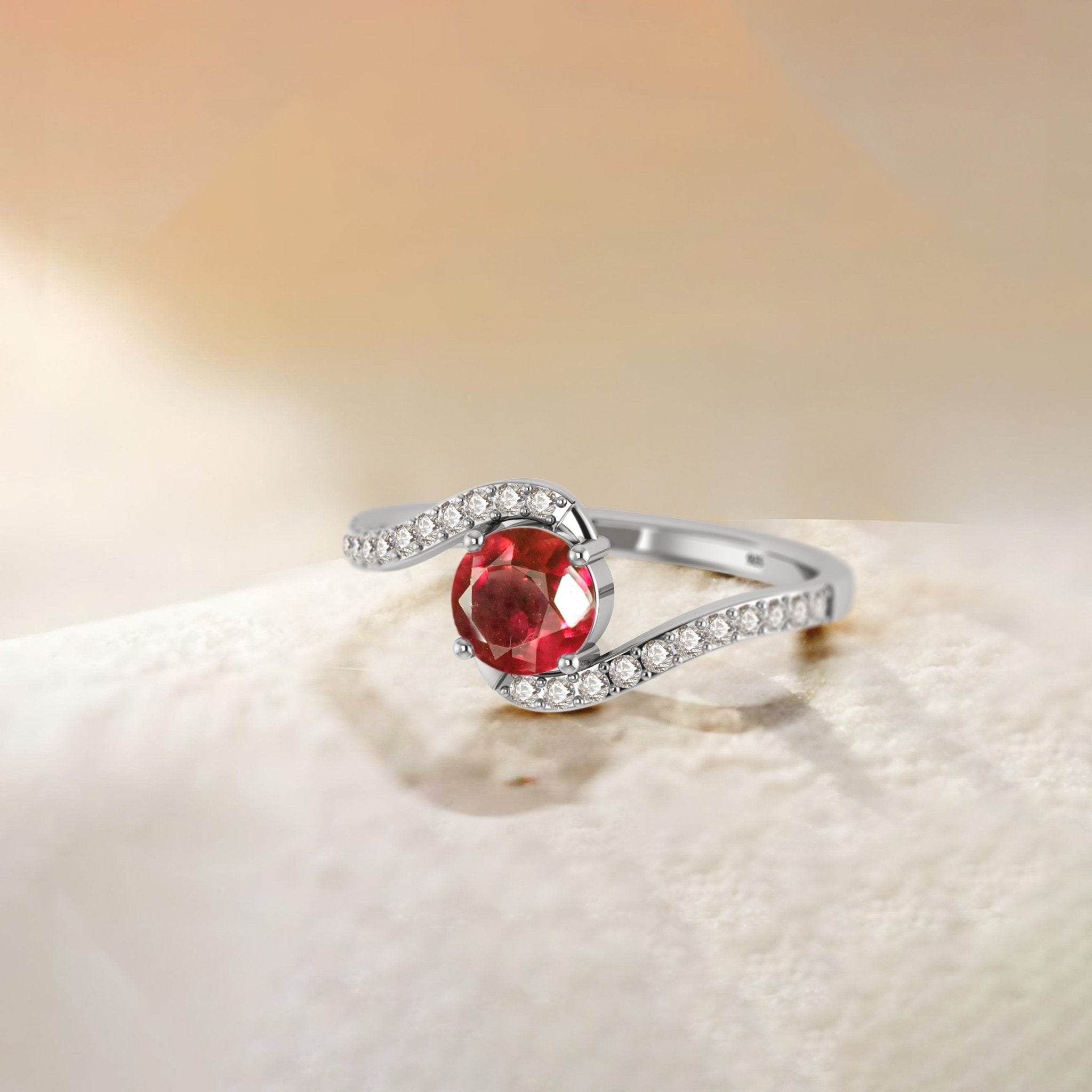 Natural Ruby with White Zicon Bypass Ring for Her - Goodstone Jewels