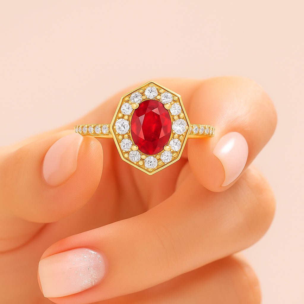 Natural Ruby with White Zircon Engagement Halo Ring - Goodstone Jewels