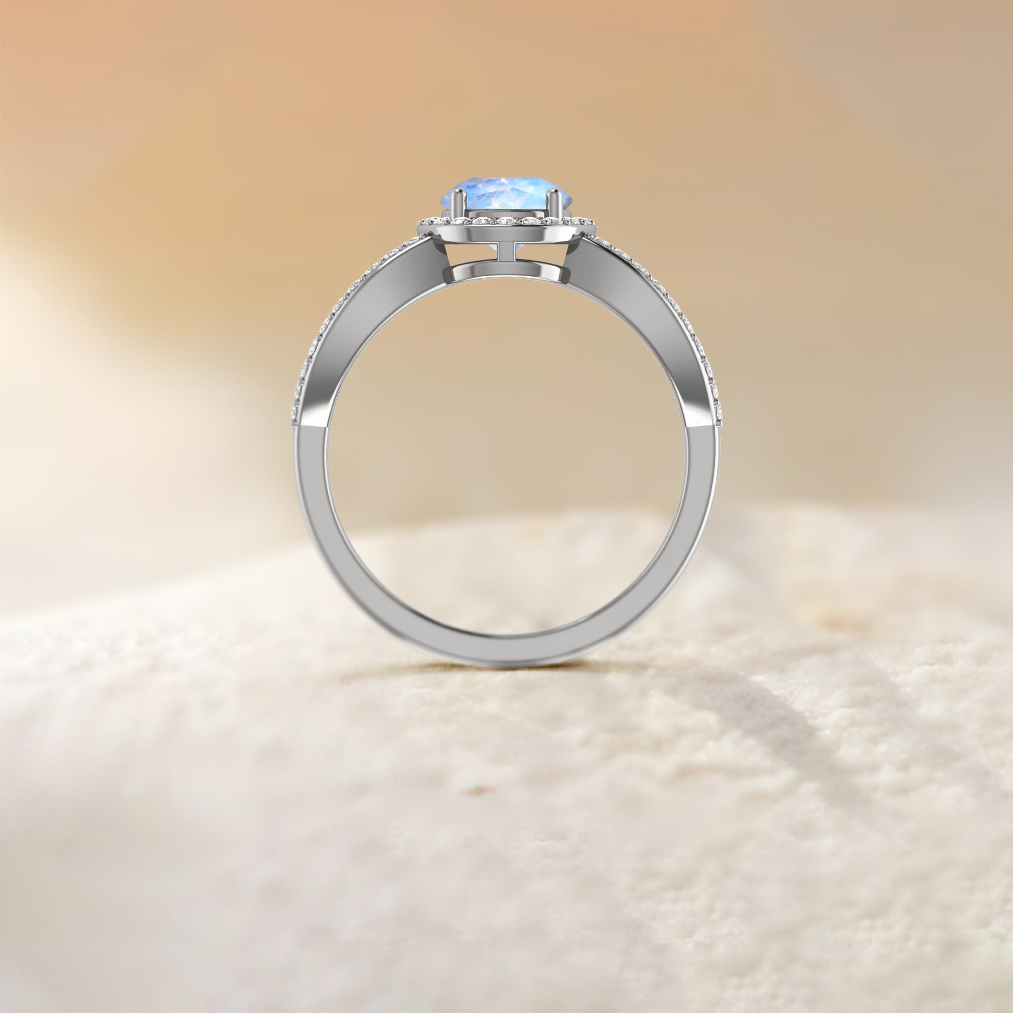 Natural Sparkling Rainbow Moonstone Halo Engagement Ring - Goodstone Jewels