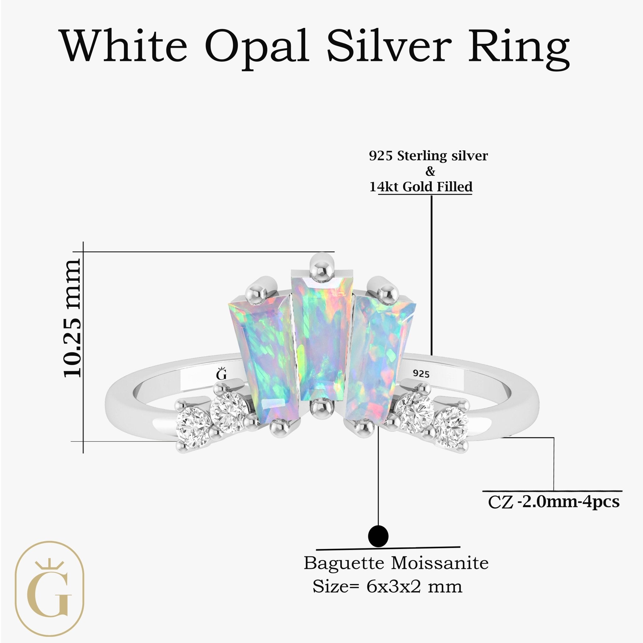 Natural White Opal Baguette Stone Wishbone Crown Style Ring - Goodstone Jewels