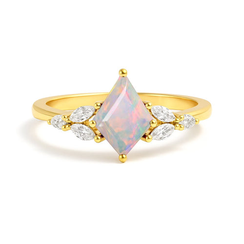 White Opal Kite Solitaire Ring with 8x6mm Faceted Opal