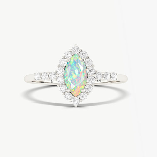 White Opal Halo Wedding Ring in Marquise Shape