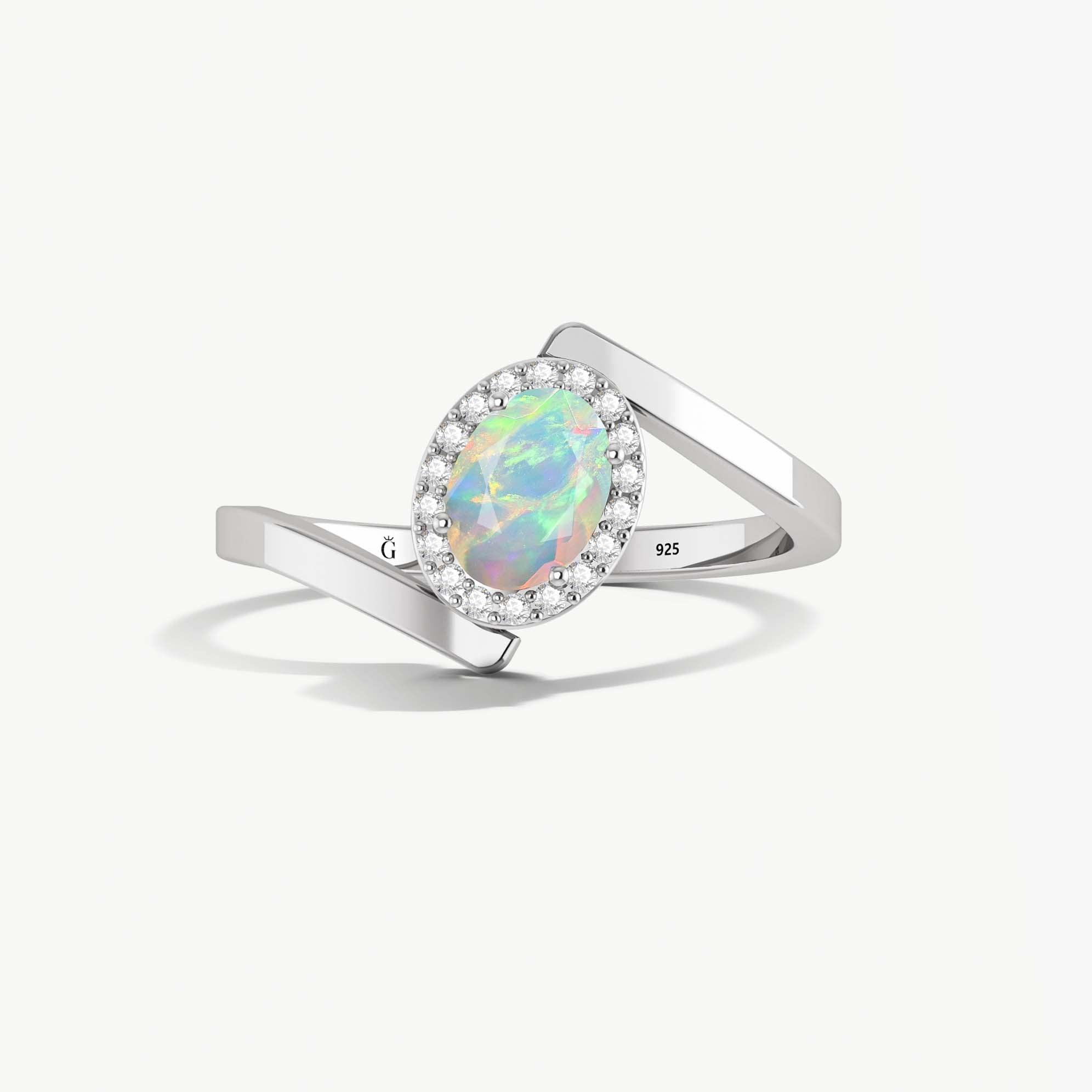 Natural White Opal Oval Shape Bypass Halo Ring - Goodstone Jewels