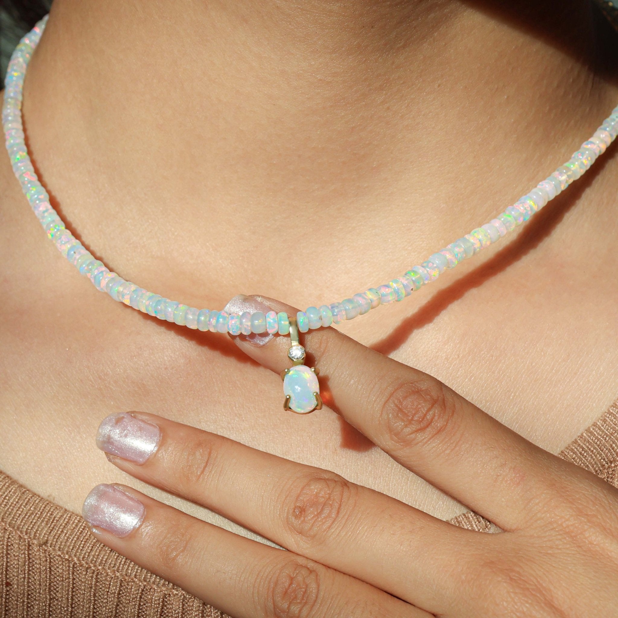 Natural White Opal Oval Shape with Zircon Beaded Necklace - Goodstone Jewels