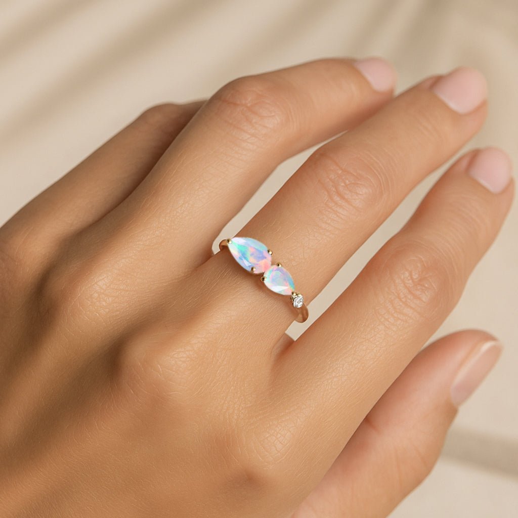 Natural White Opal Pear Shape Two Stone Ring in Yellow Gold Filled & Silver - Goodstone Jewels