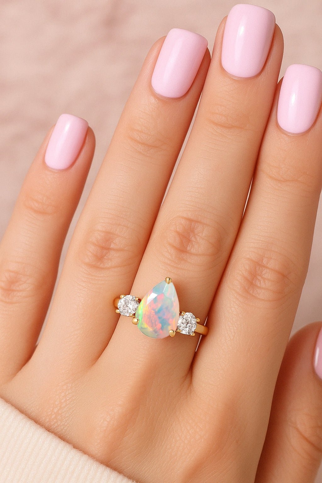 Natural White Opal Pear Shape with Zircon Three Stone Statement Ring - Goodstone Jewels
