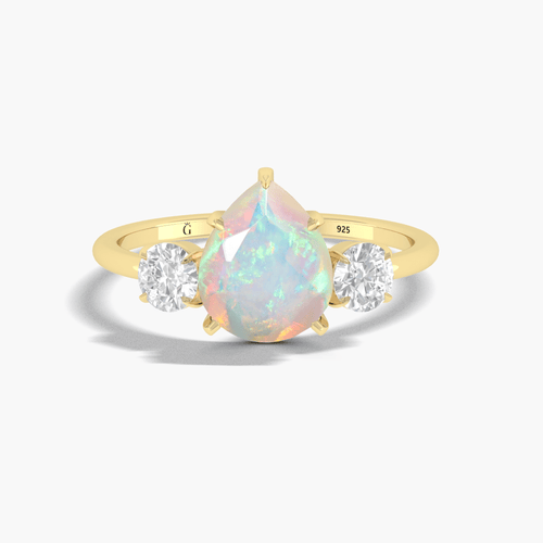 White Opal Three Stone Statement Ring with Zircon Pear Shape