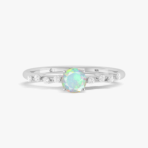 Natural White Opal ROUND STONE MINIMALIST SOLITAIRE WITH ACCENTS RING