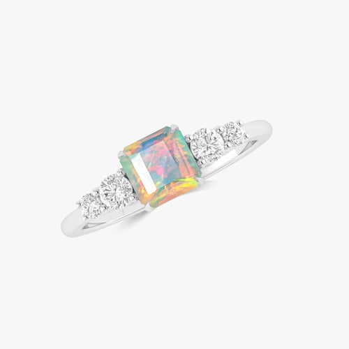 Natural White Opal Square Stone with Side Zircon Statement Three Stone Ring