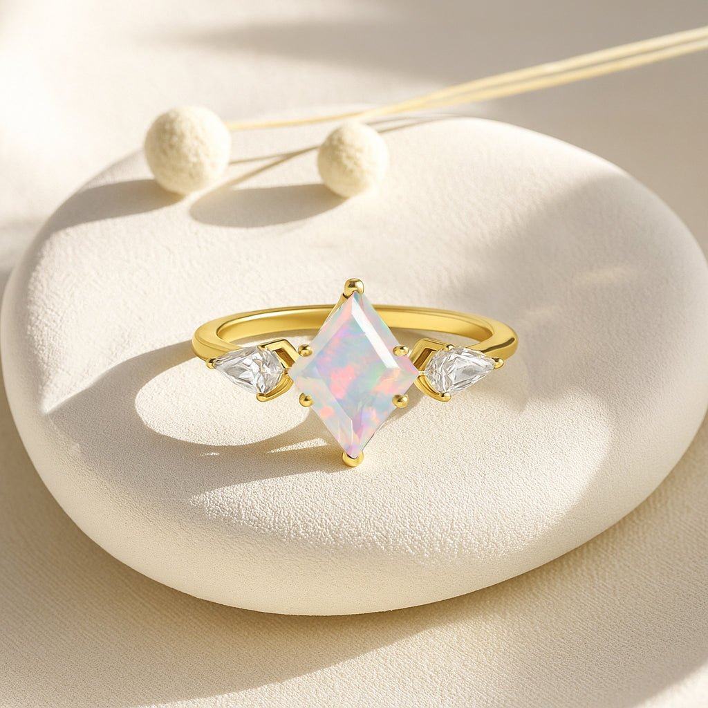 Natural White Opal Three Stone Ring Wedding, Anniversary, Promise Rings - Goodstone Jewels