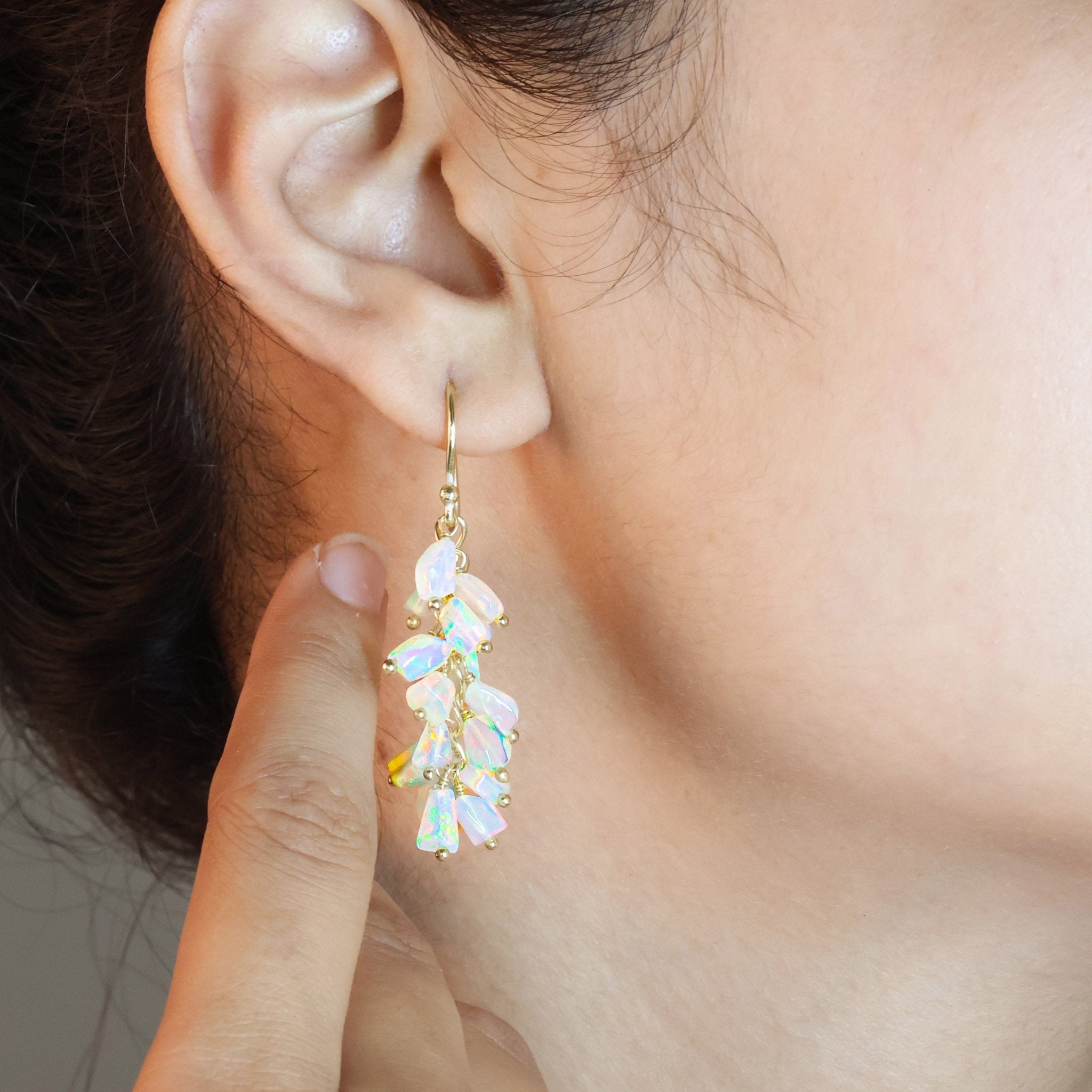 Natural White Opal Tumble Shape Beaded Cluster Earrings - Goodstone Jewels