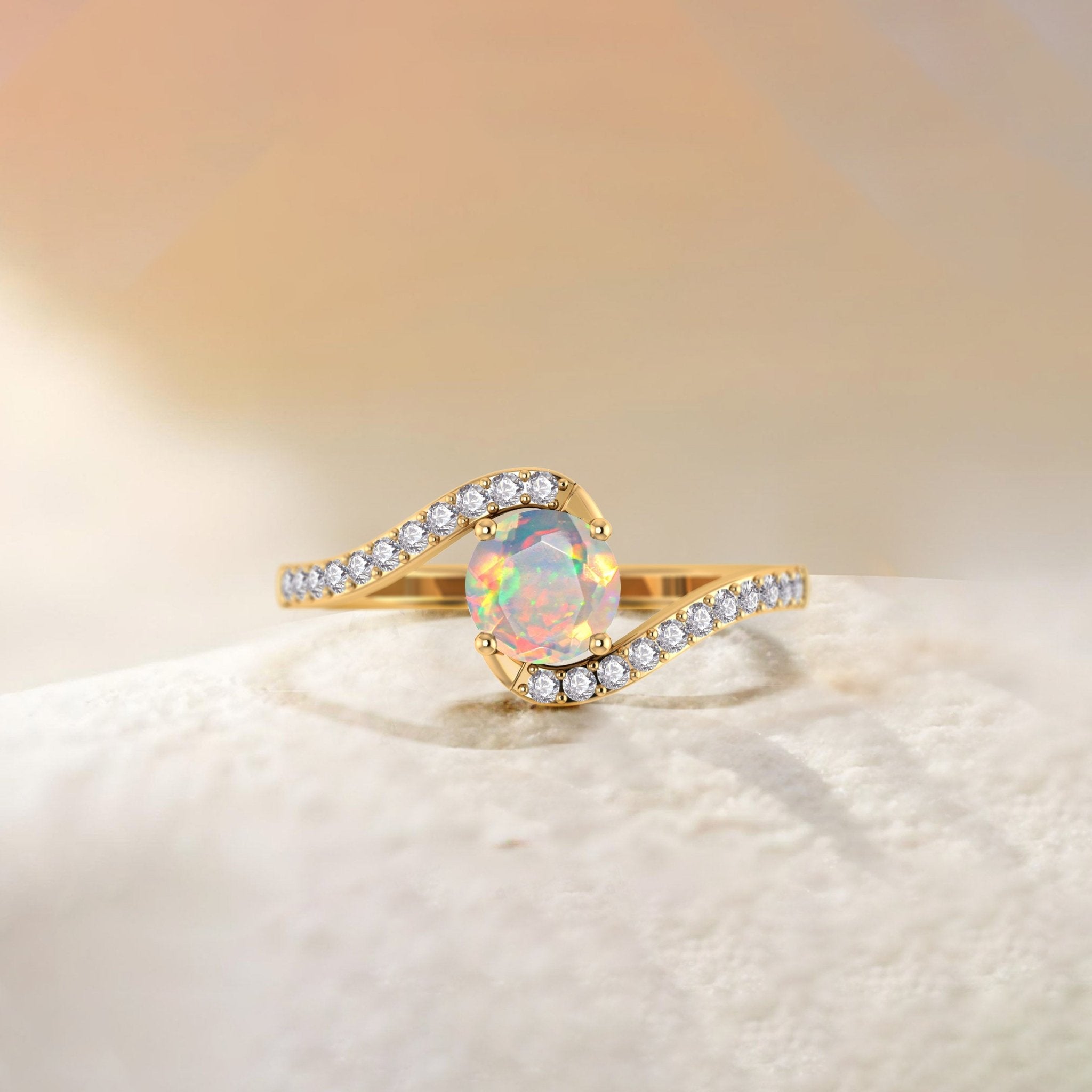 Natural White Opal with White Zicon Bypass Ring for Her - Goodstone Jewels