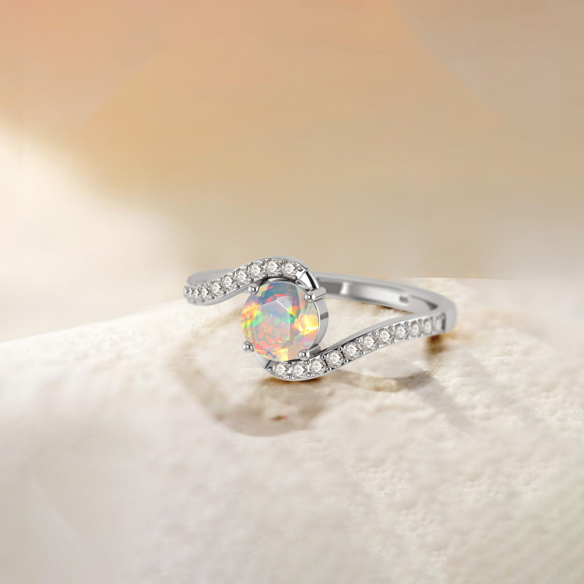 Natural White Opal with White Zicon Bypass Ring for Her - Goodstone Jewels