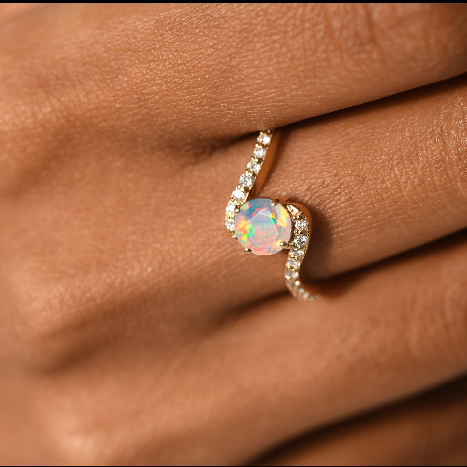 Natural White Opal with White Zicon Bypass Ring for Her - Goodstone Jewels