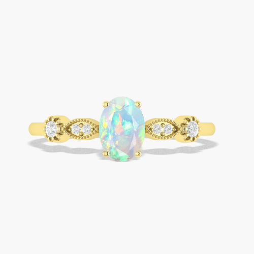 Natural White Opal with White Zircon Side Stone Solitaire Ring