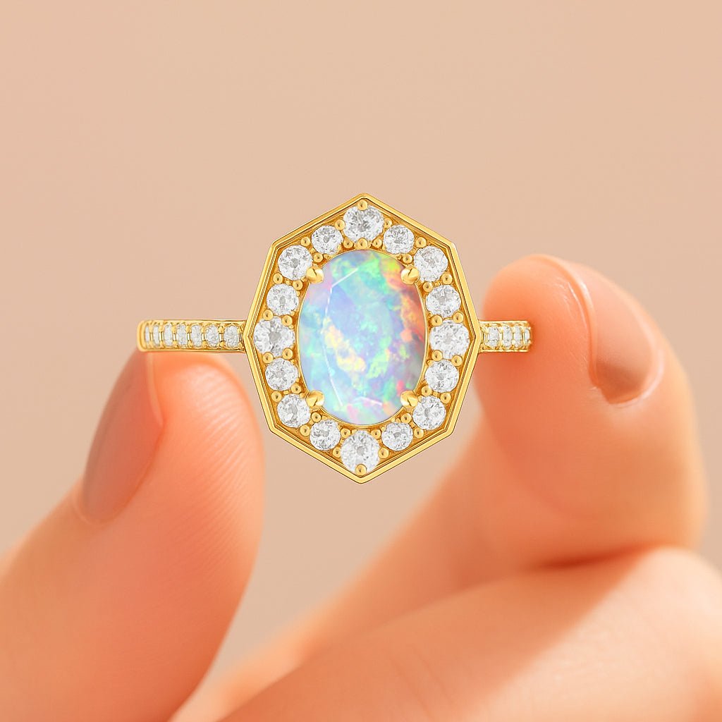 Natural White Opal with Zircon Engagement Halo Ring - Goodstone Jewels