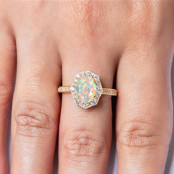 Natural White Opal with Zircon Engagement Halo Ring - Goodstone Jewels
