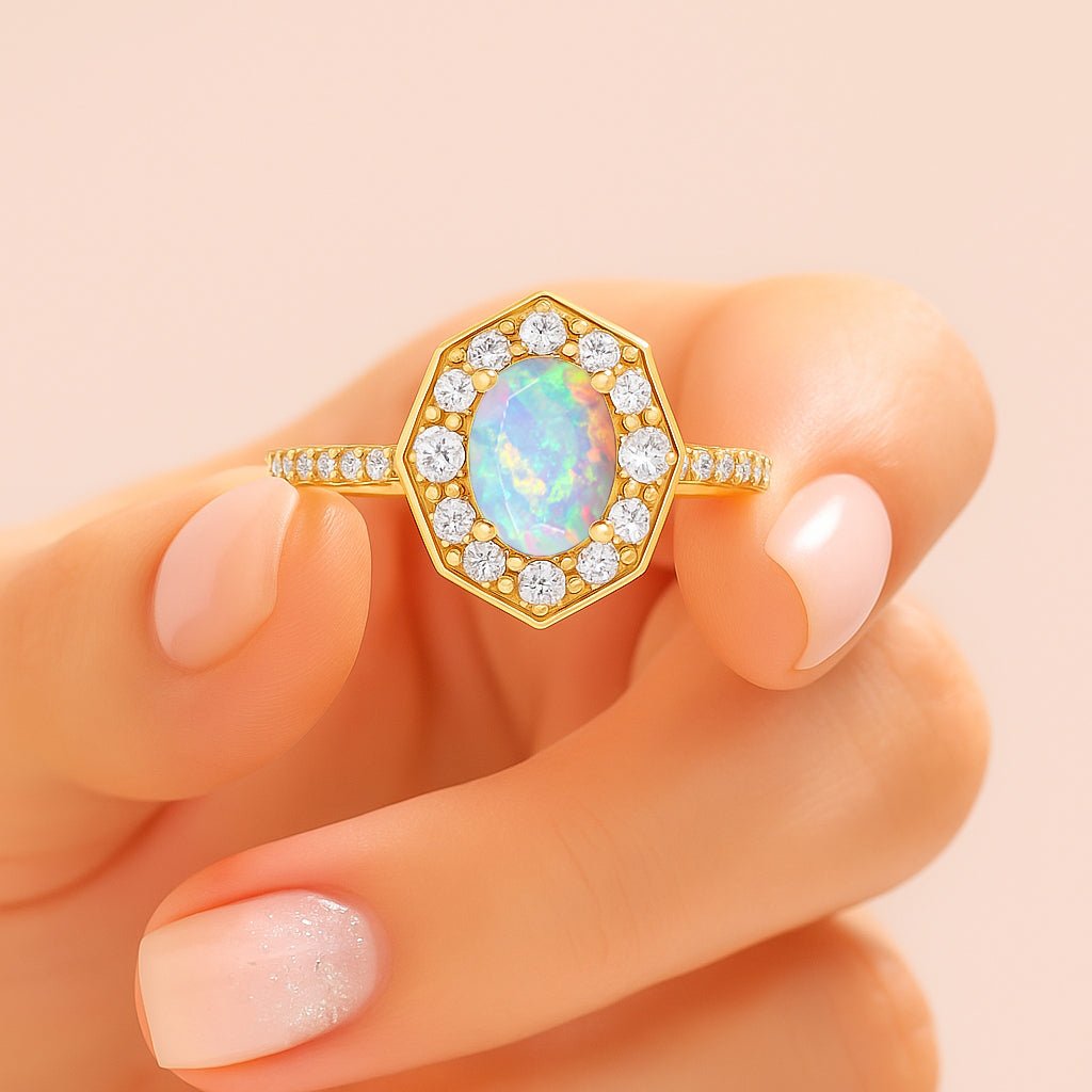 Natural White Opal with Zircon Engagement Halo Ring - Goodstone Jewels