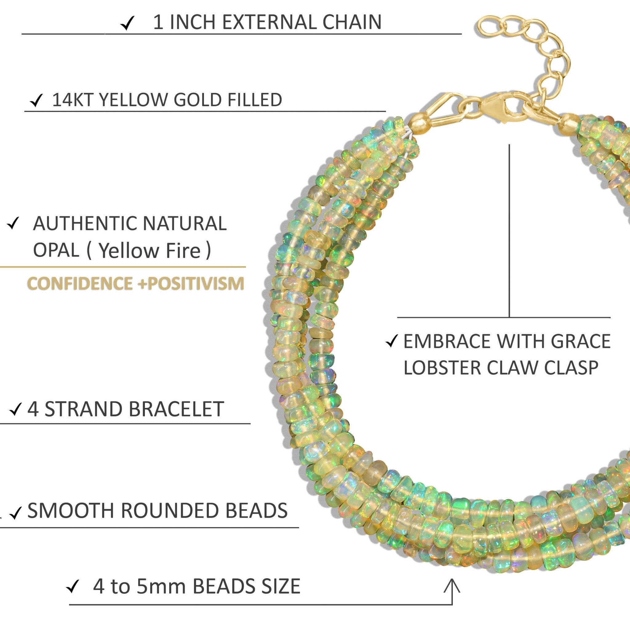 Natural Yellow Opal 4 Strand Plain Beaded Bracelet - Goodstone Jewels