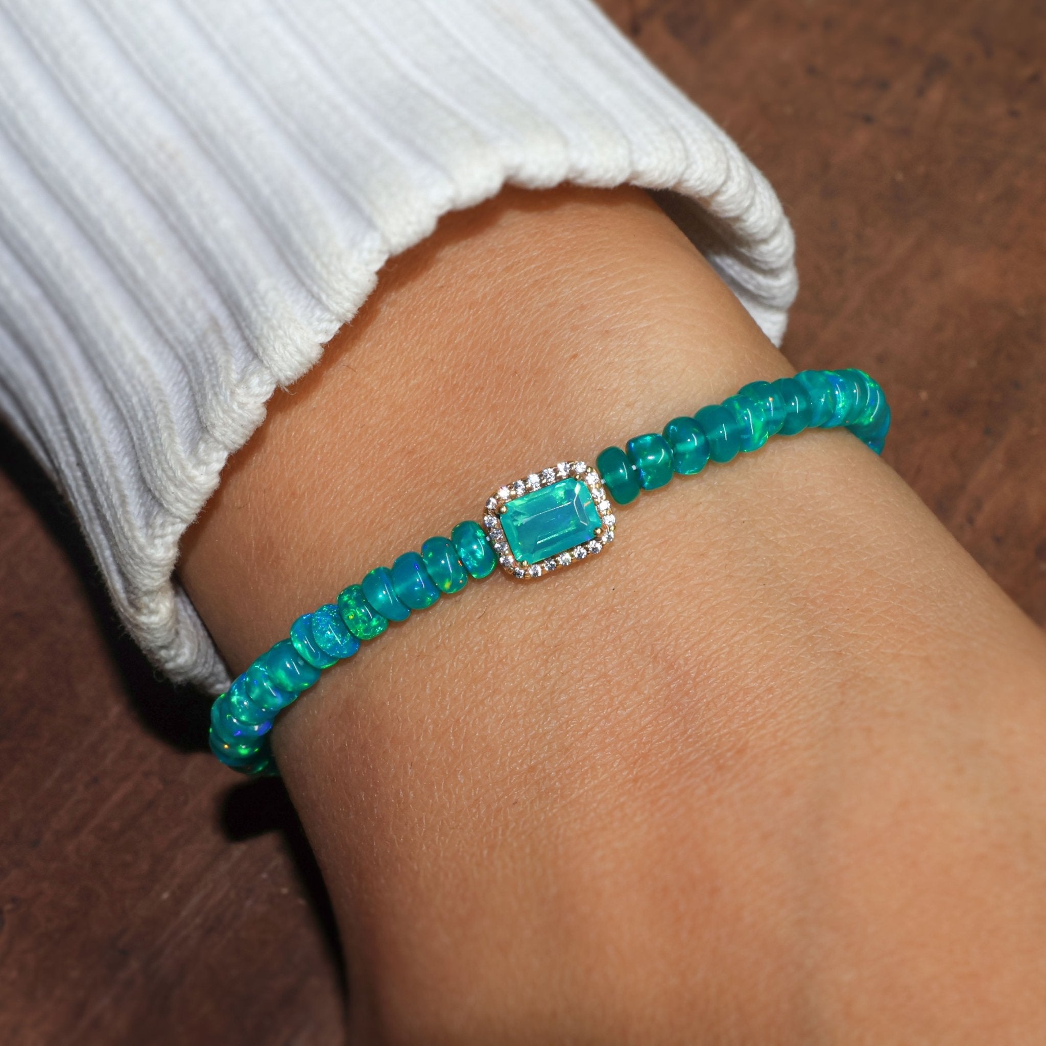 OCTAGON Natural Green Opal Charm Beaded Bracelet - Goodstone Jewels