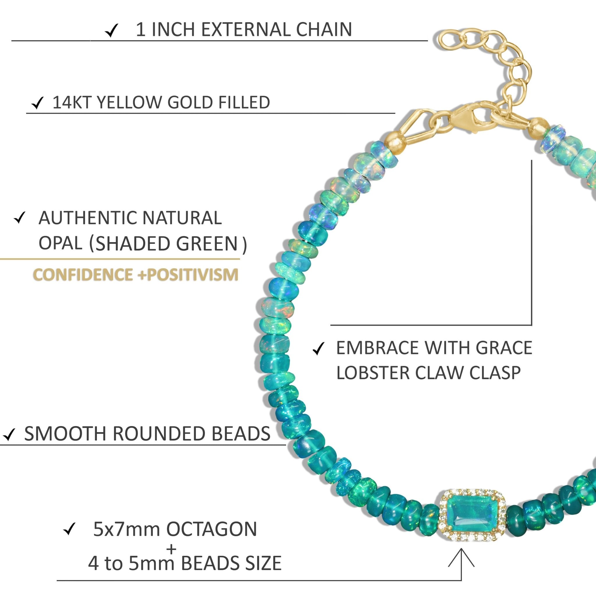 OCTAGON Natural Green Opal Charm Beaded Bracelet - Goodstone Jewels