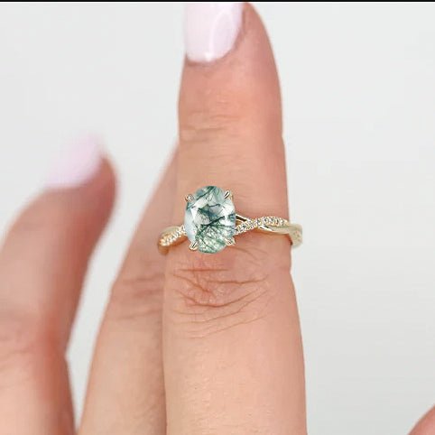 Oval Moss Agate wedding statement ring for women - Goodstone Jewels