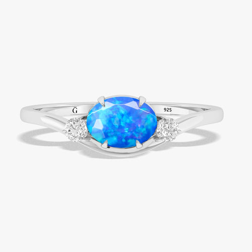 Natural Blue Opal Three Stone Ring with 7x5 MM Stones