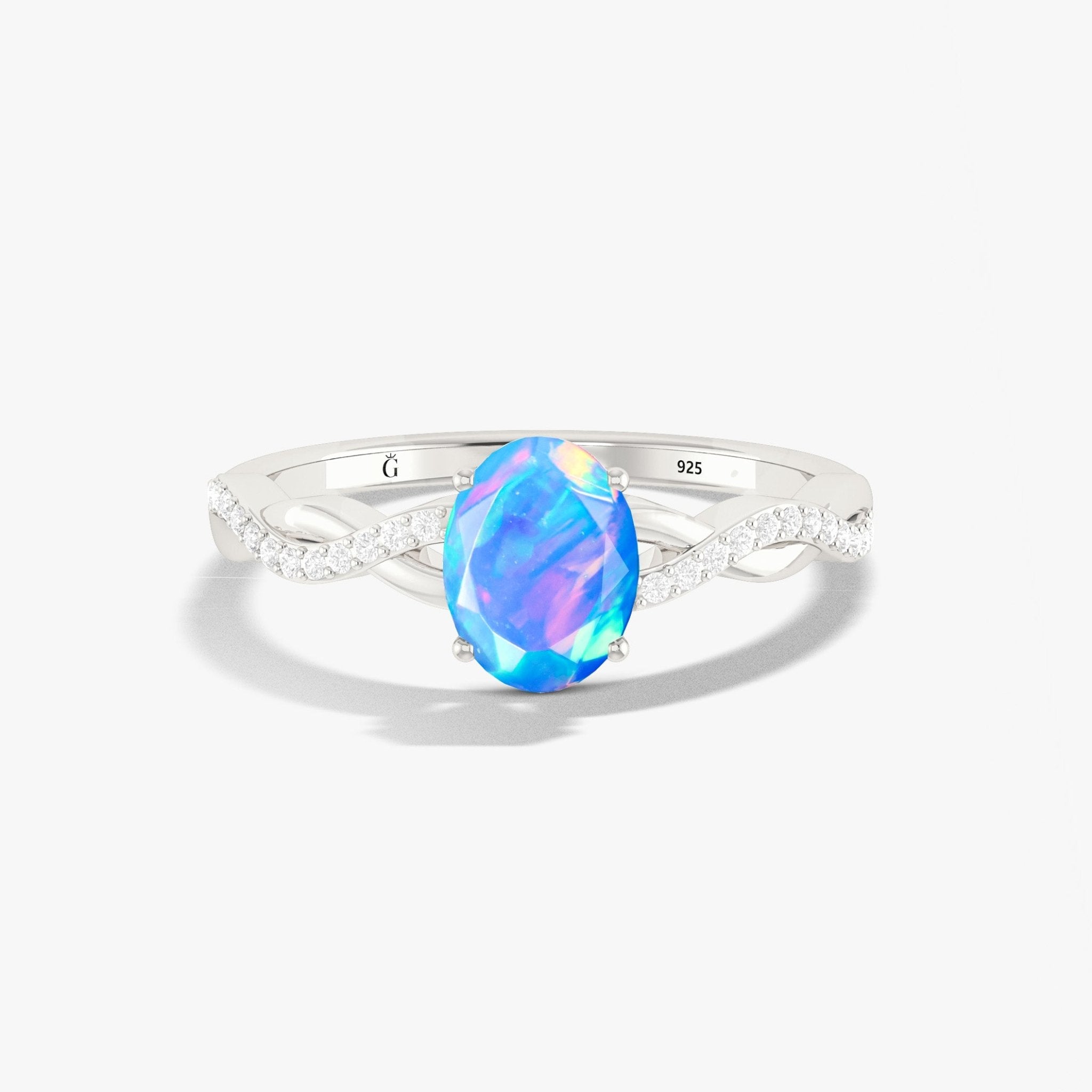 Oval Shape 8X6 MM Natural Blue Opal Crossover Statement Ring - Goodstone Jewels