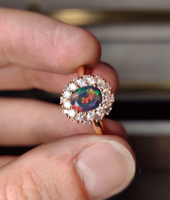 Oval Shape Natural Black Opal Floral Style Halo Ring - Goodstone Jewels
