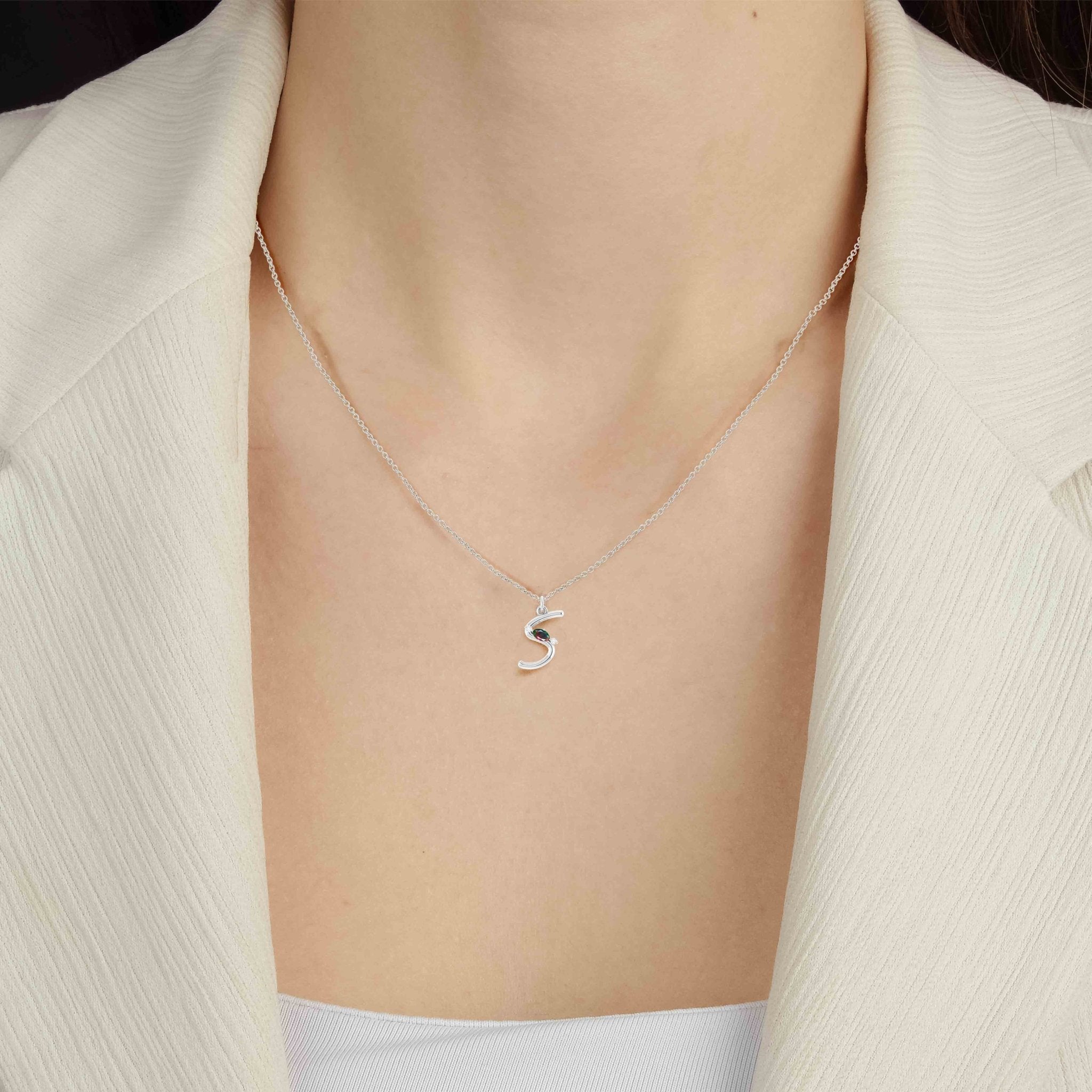 Oval Shape Natural Black Opal 'S' Initial Alphabet Pendant Necklace - Goodstone Jewels