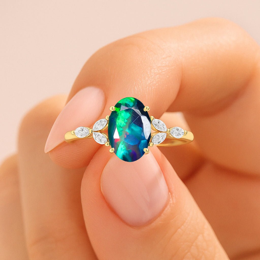 Oval Shape Natural Black Opal Statement Ring in Silver & Yellow Gold Filled - Goodstone Jewels
