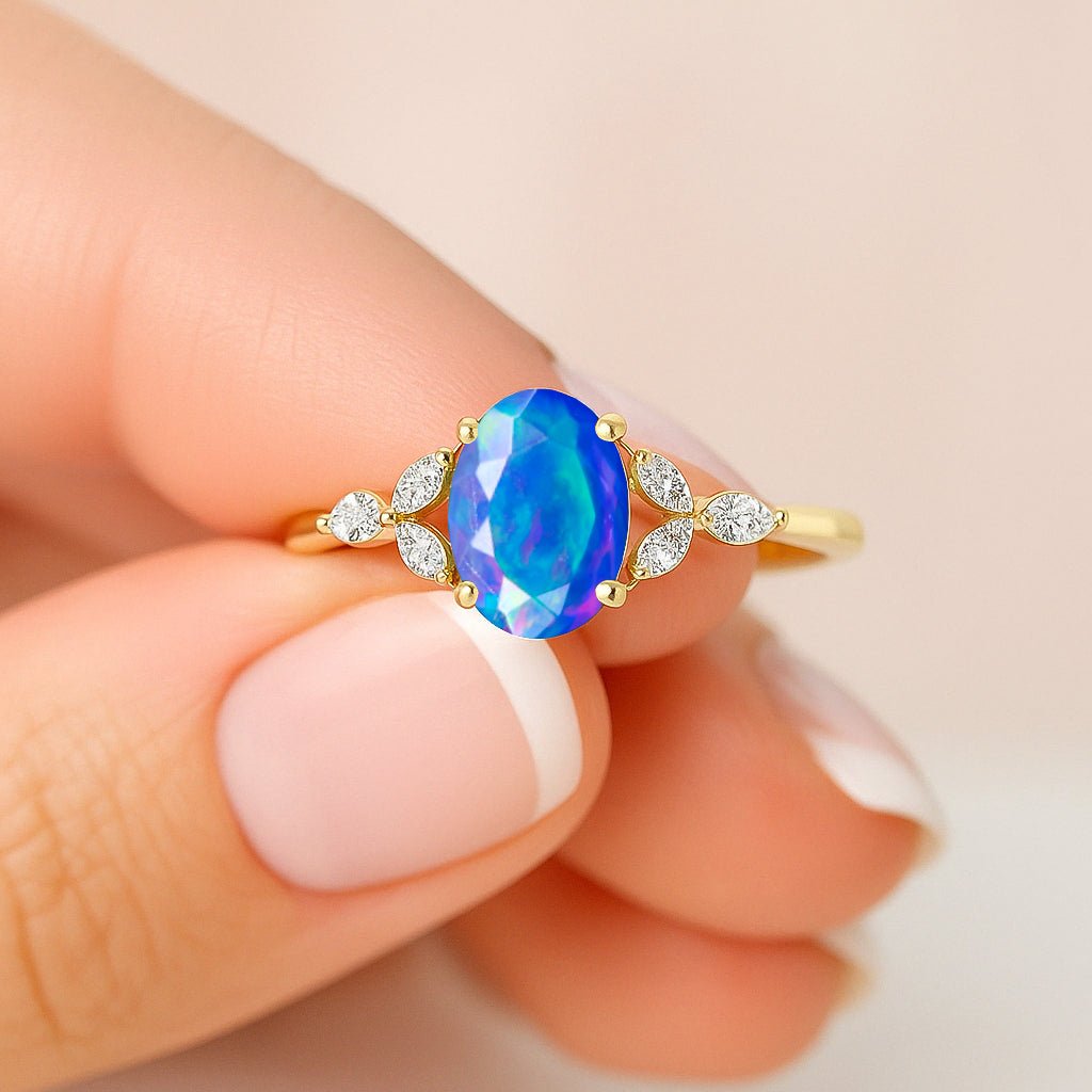 Oval Shape Natural Blue Opal Statement Ring in Silver & Yellow Gold Filled - Goodstone Jewels