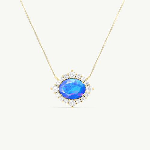 Oval Shape Natural Blue Opal with Zircon Halo Pendant Chain Necklace