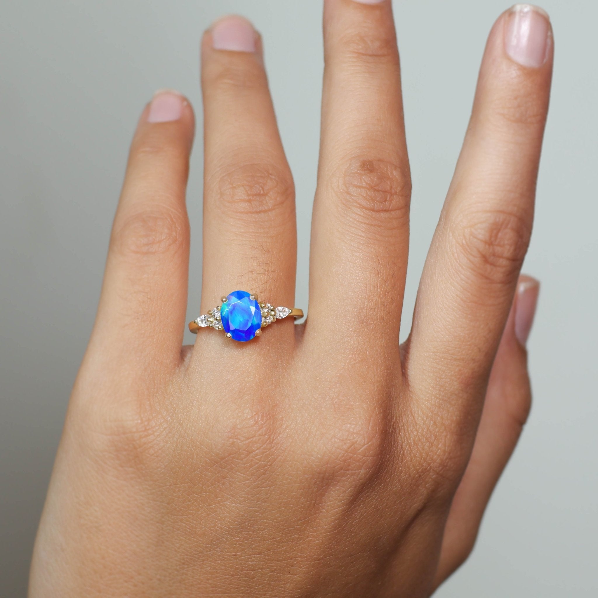 Oval Shape Natural Blue Opal & Zircon Solitaire with Accents Ring - Goodstone Jewels