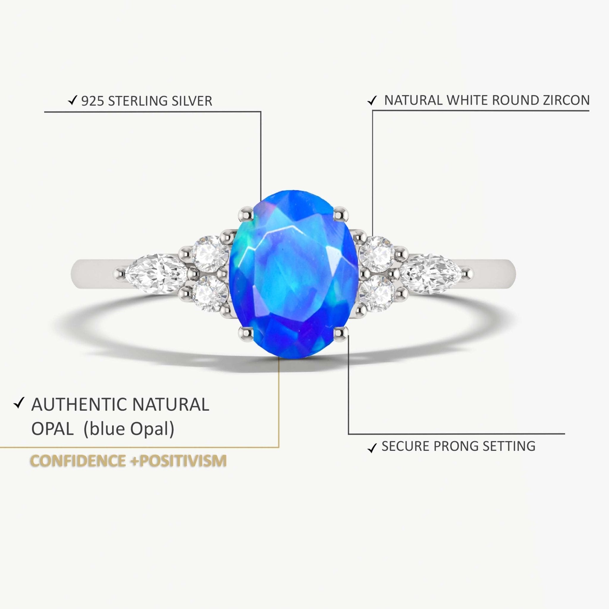 Oval Shape Natural Blue Opal & Zircon Solitaire with Accents Ring - Goodstone Jewels