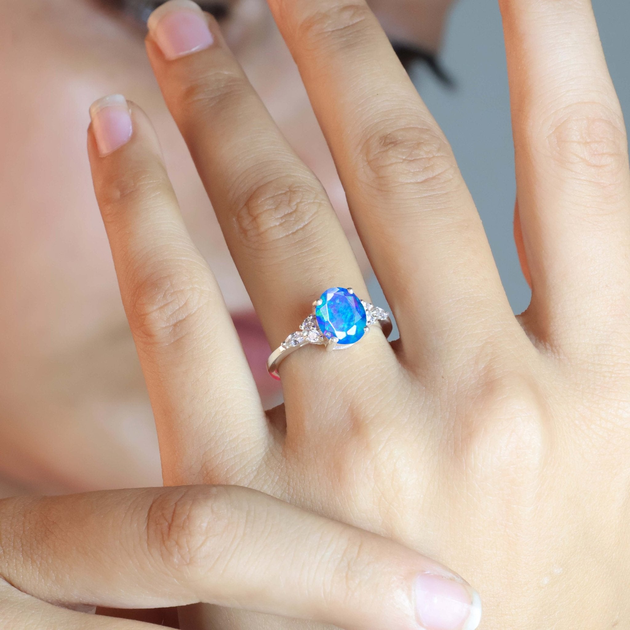 Oval Shape Natural Blue Opal & Zircon Solitaire with Accents Ring - Goodstone Jewels