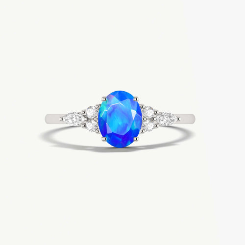 Oval Shape Natural Blue Opal & Zircon Solitaire with Accents Ring