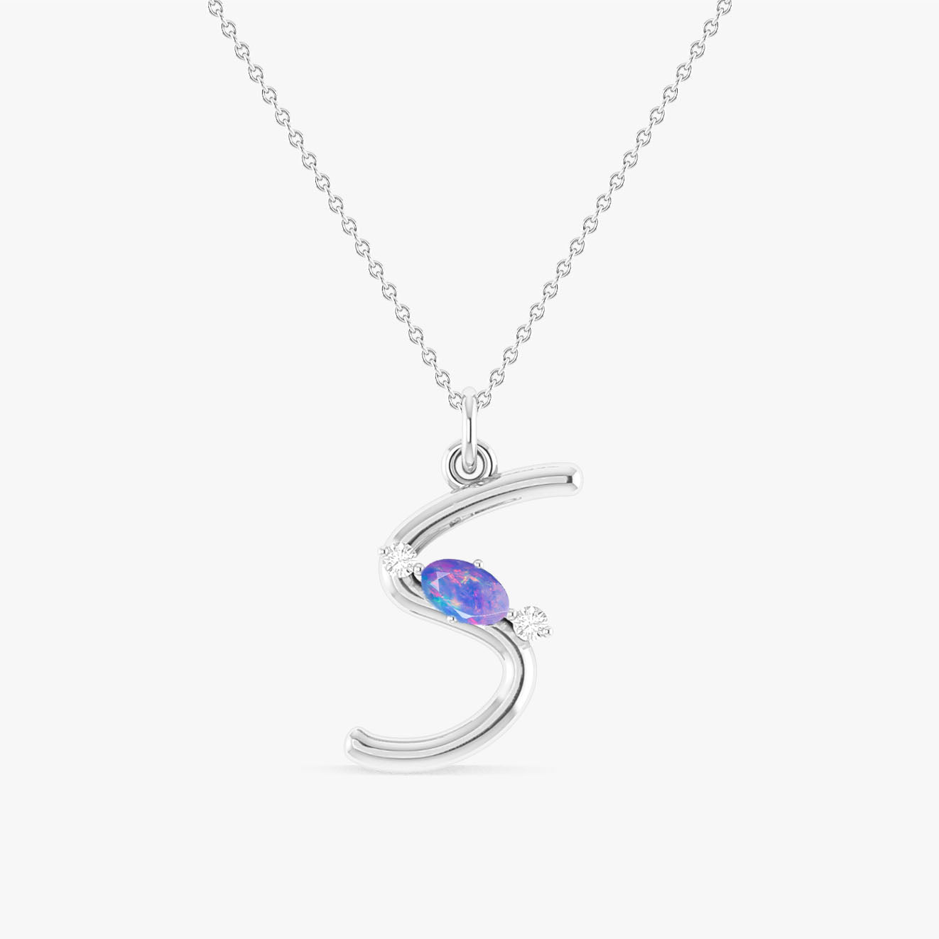 Oval Shape Natural Lavender Opal 'S' Initial Alphabet Pendant Necklace - Goodstone Jewels