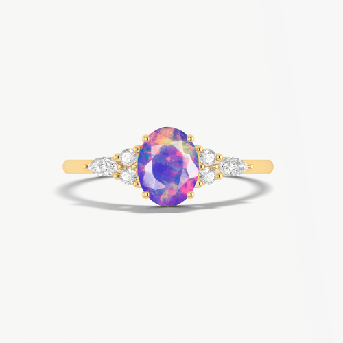 Oval Shape Natural Lavender Opal & Zircon Solitaire with Accents Ring
