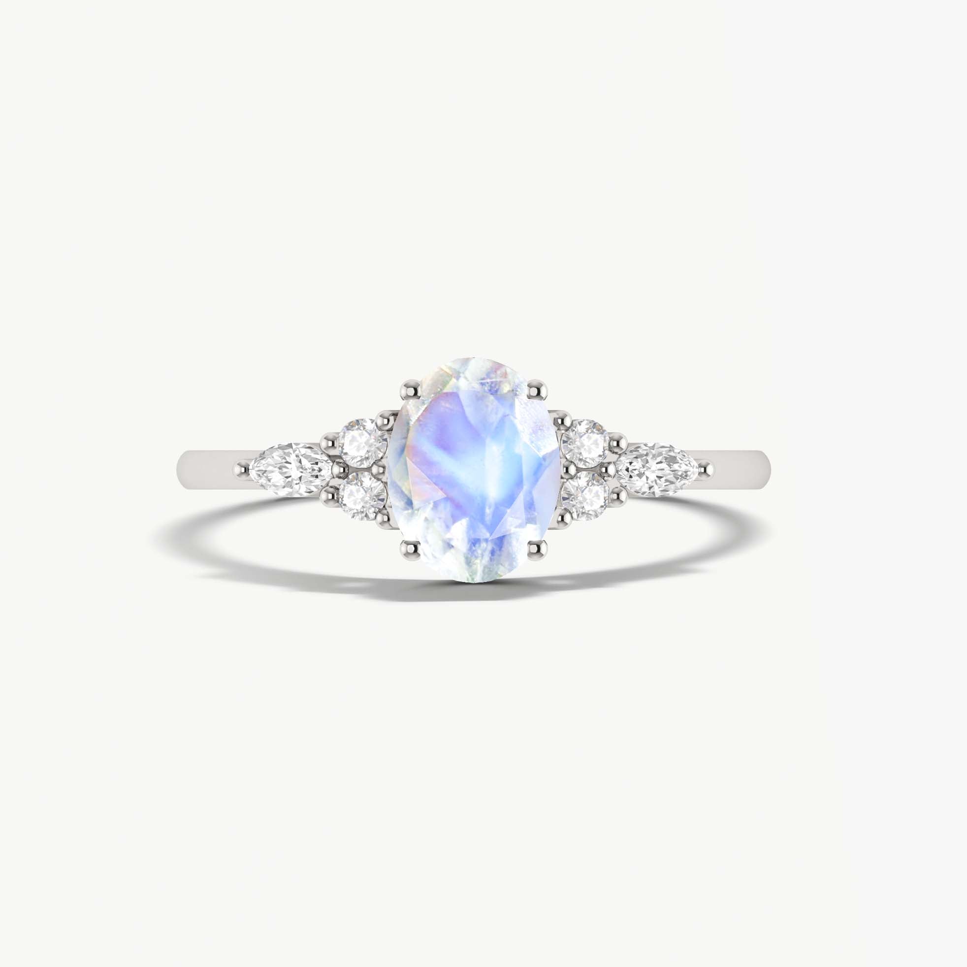 Oval Shape Natural Moonstone & White Zircon Solitaire with Accents Ring - Goodstone Jewels