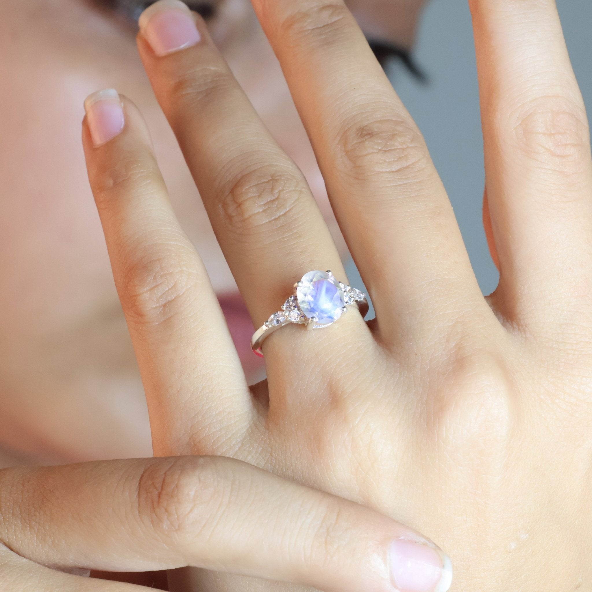 Oval Shape Natural Moonstone & White Zircon Solitaire with Accents Ring - Goodstone Jewels
