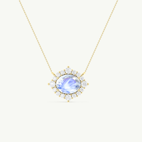 Oval Shape Natural Moonstone with Zircon Halo Pendant Chain Necklace