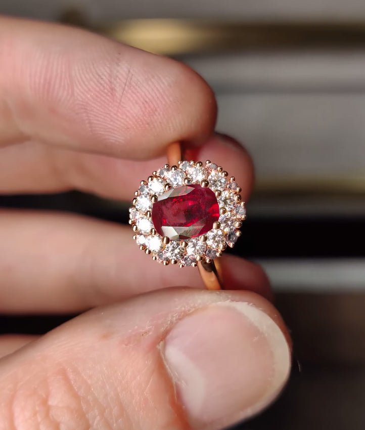 Oval Shape Natural Ruby Floral Style Halo Ring - Goodstone Jewels