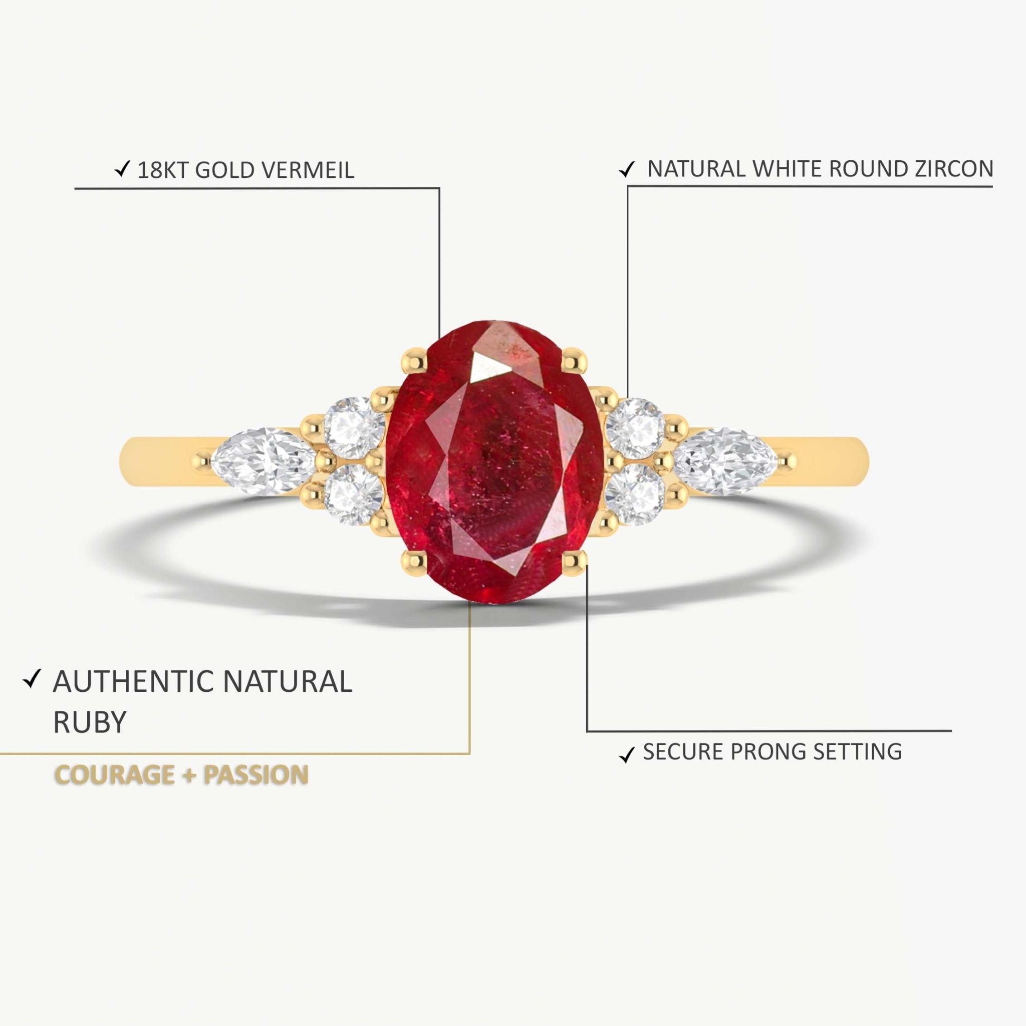Oval Shape Natural Ruby & White Zircon Solitaire with Accents Ring - Goodstone Jewels