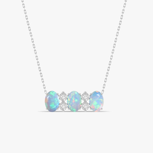 Oval Shape Natural White Opal  3 Stone Pendant Necklace