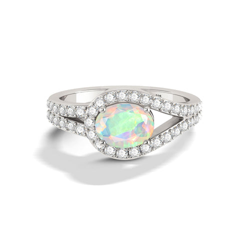 Oval Shape Natural White Opal Engagement Ring in Silver