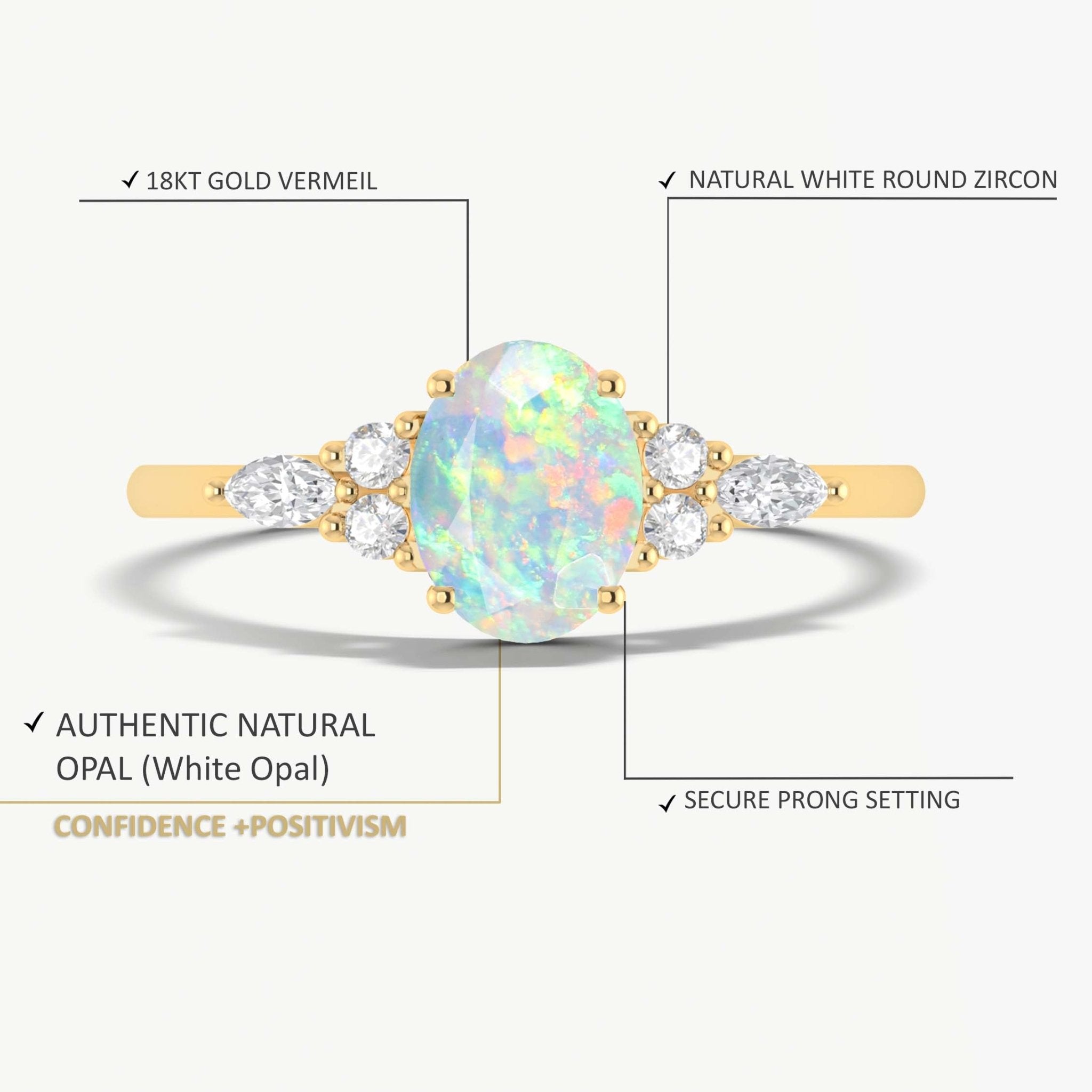 Oval Shape Natural White Opal & Zircon Solitaire with Accents Ring - Goodstone Jewels